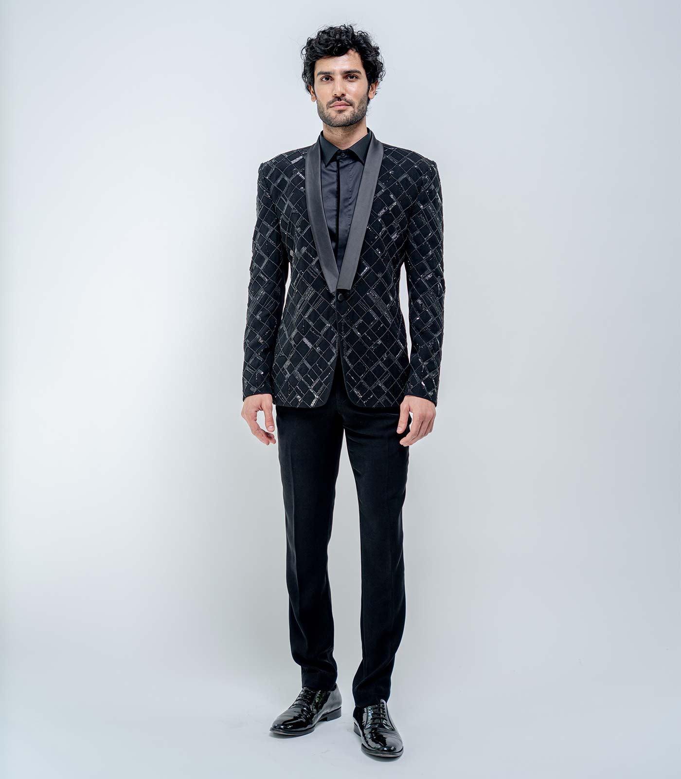 Black metallic checkered blazer set – Varun Chakkilam
