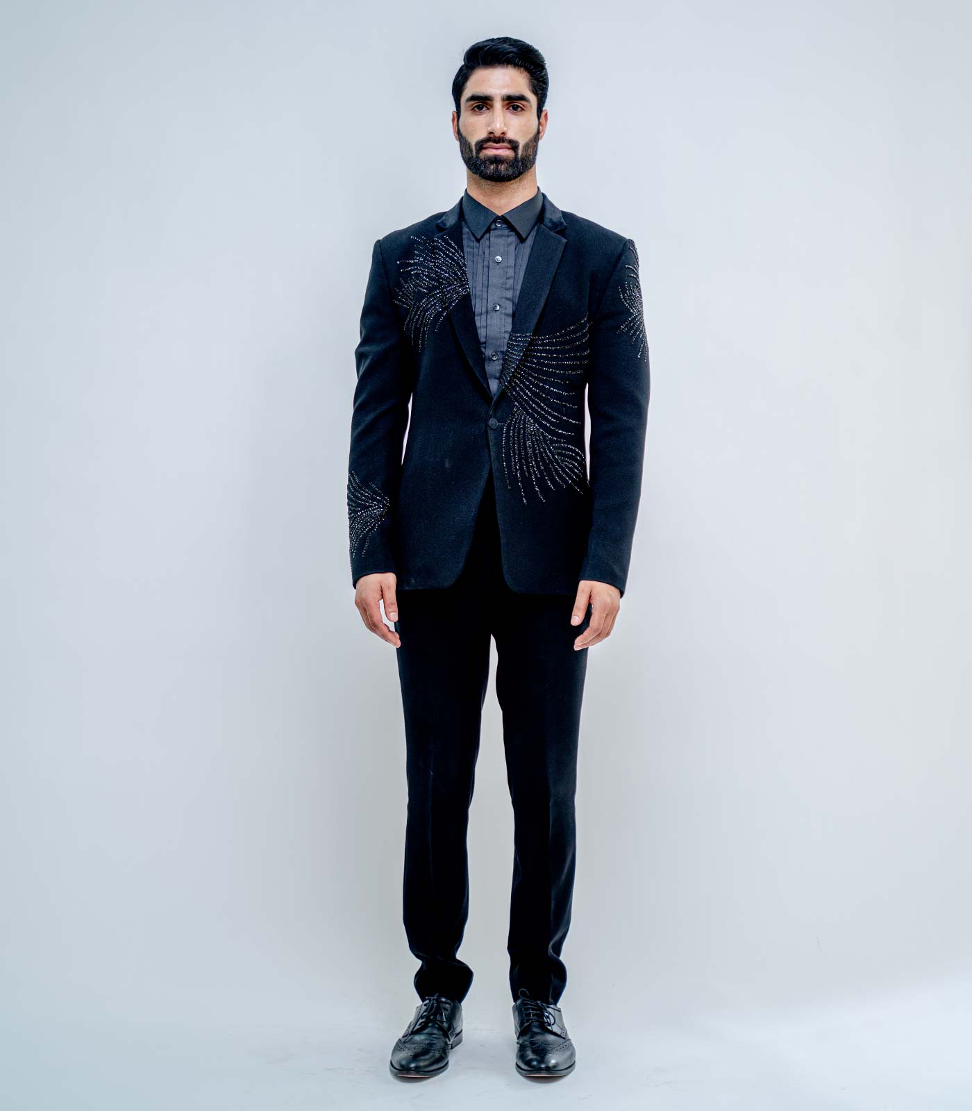 Black metallic stroked Jacket set – Varun Chakkilam