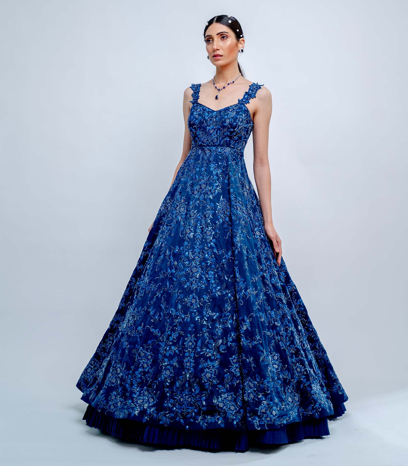 Sartoriale Floral Motifs Embroidered Gown | Blue, Floral, Matte Satin  Crepe, Wide V, Sleeveless | Gowns, Embroidered gown, Reception bride