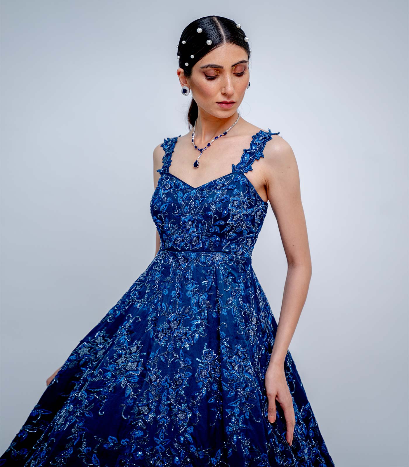 Gatti Nolli | Light Blue Floral Crepe Slit Gown HK | Designer Bridal Room