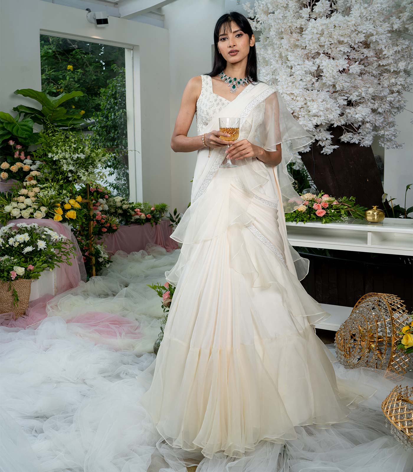 Chanterelle Beige Pre Draped Ruffled Saree Varun Chakkilam