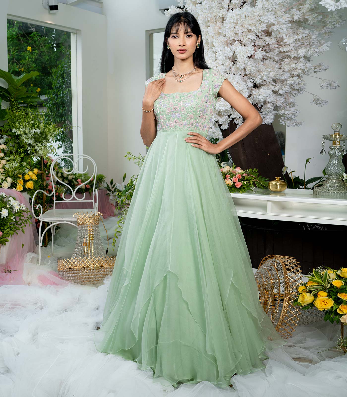 Bridal dress in light mint green color – Nameera by Farooq